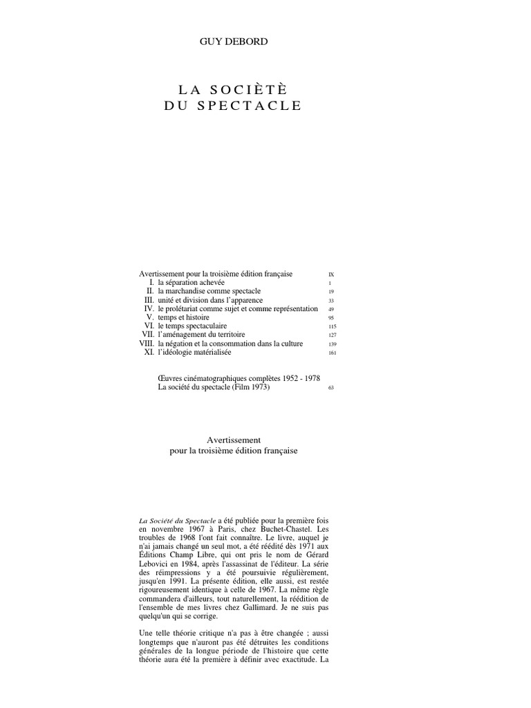 GUY DEBORD La Societe Du Spectacle PDF Aliénation sociale Wilhelm Friedrich Hegel