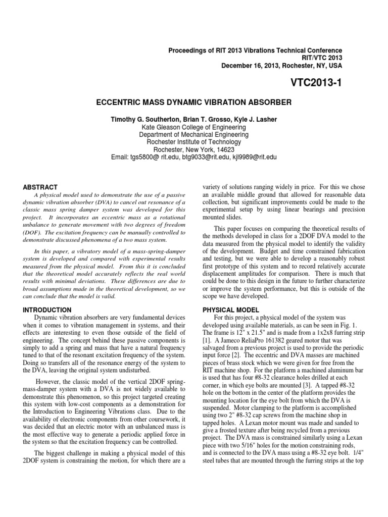 Eccentric Mass Dynamic Vibration Absorber Vibrations 2131 PDF Resonance Frequency