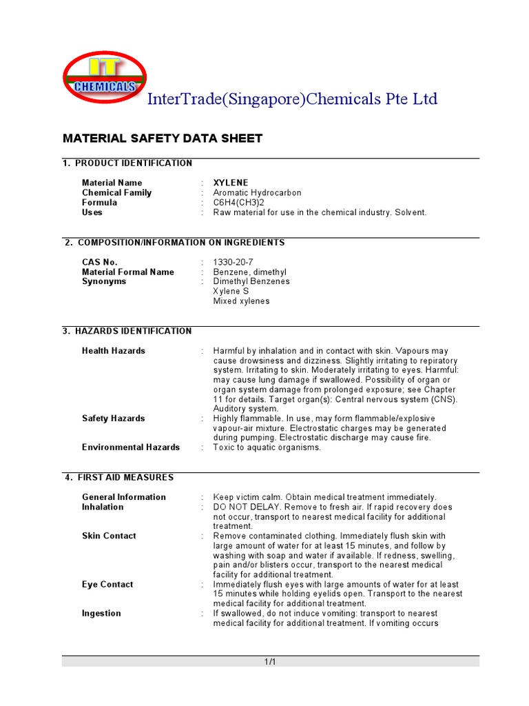 It Xylene Msds Personal Protective Equipment Toxicity Free 30day