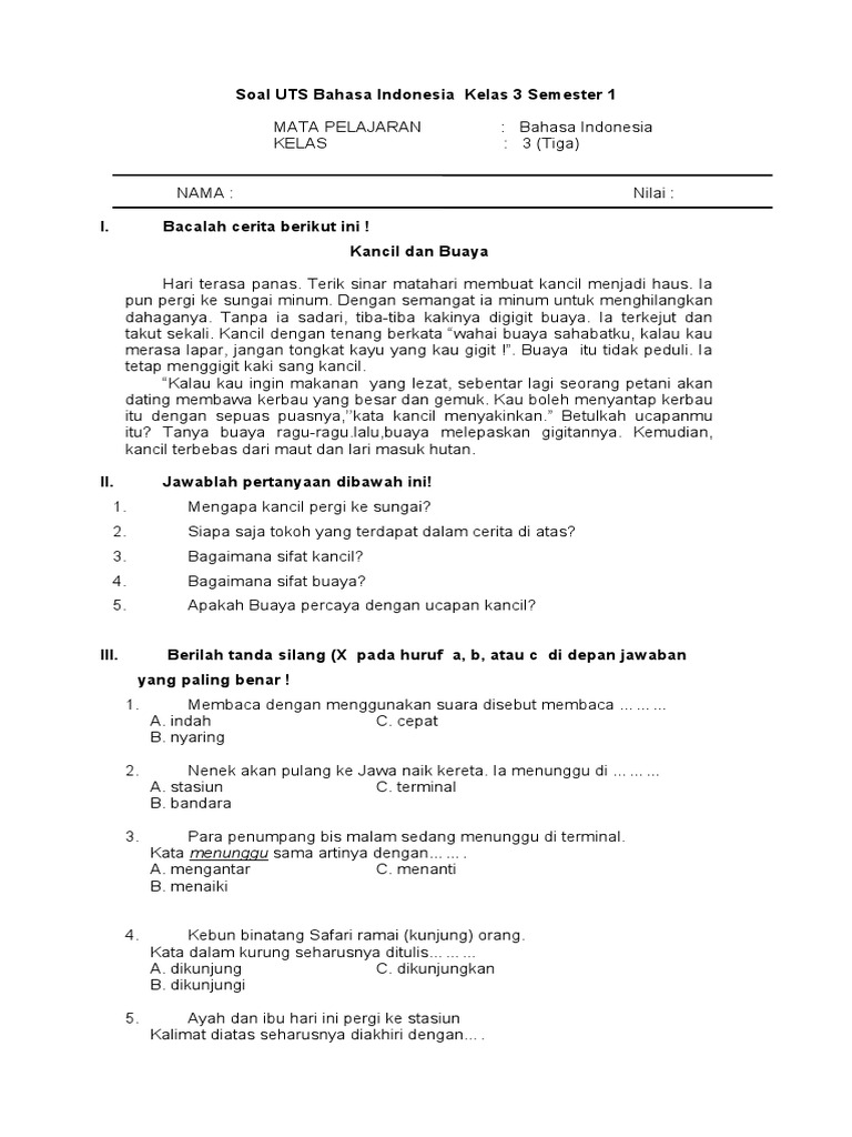 Soal Uts Bahasa Indonesia Kelas 3 Semester 1