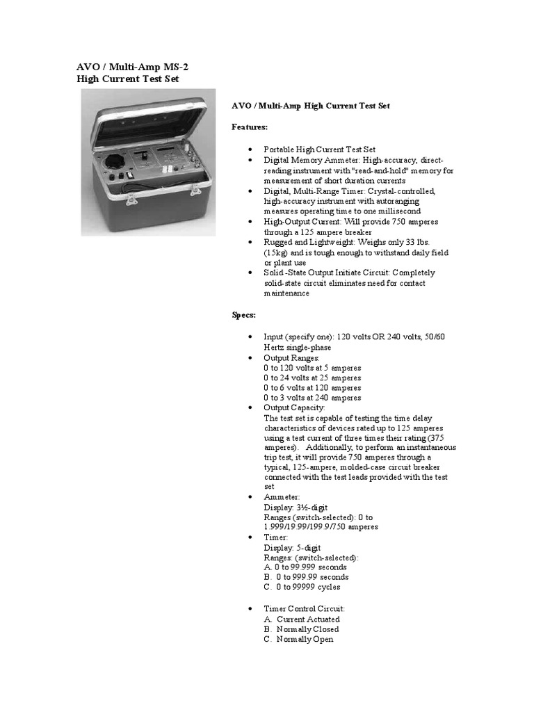 AVO Multi-Amp High Current Test Set | PDF | Technology & Engineering