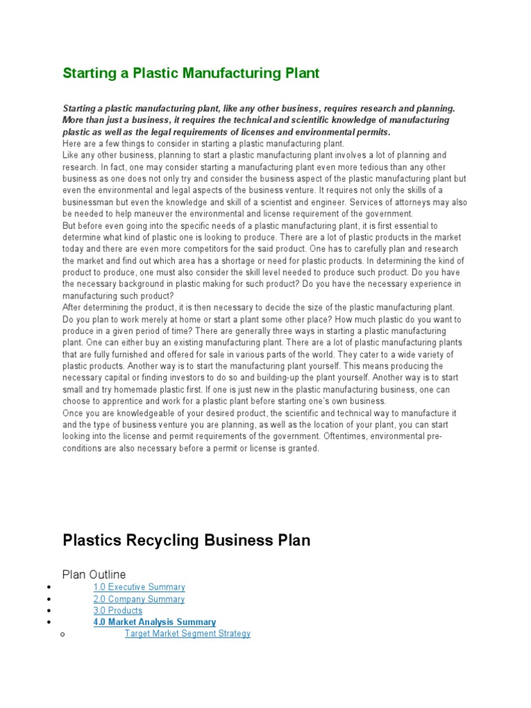 Starting a Plastic Manufacturing Plant Guide | PDF | Recycling ...