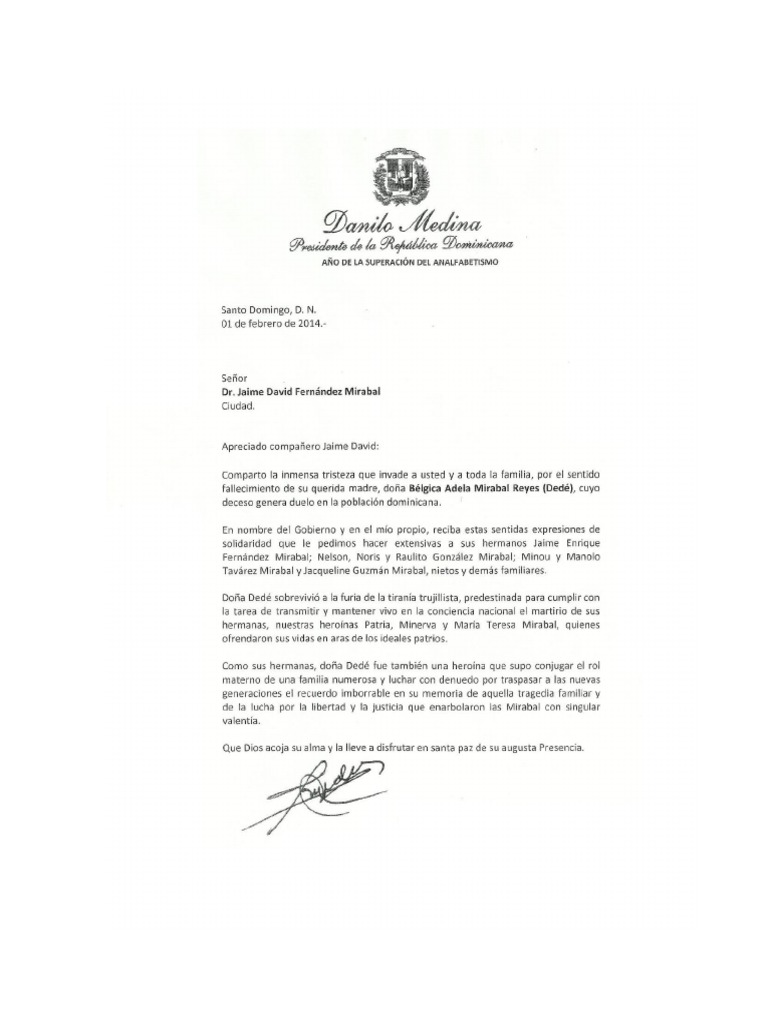 Carta de Condolencias A Jaime David Fernández Mirabal | PDF |  Organizaciones relacionadas con el gobierno | Presidencias