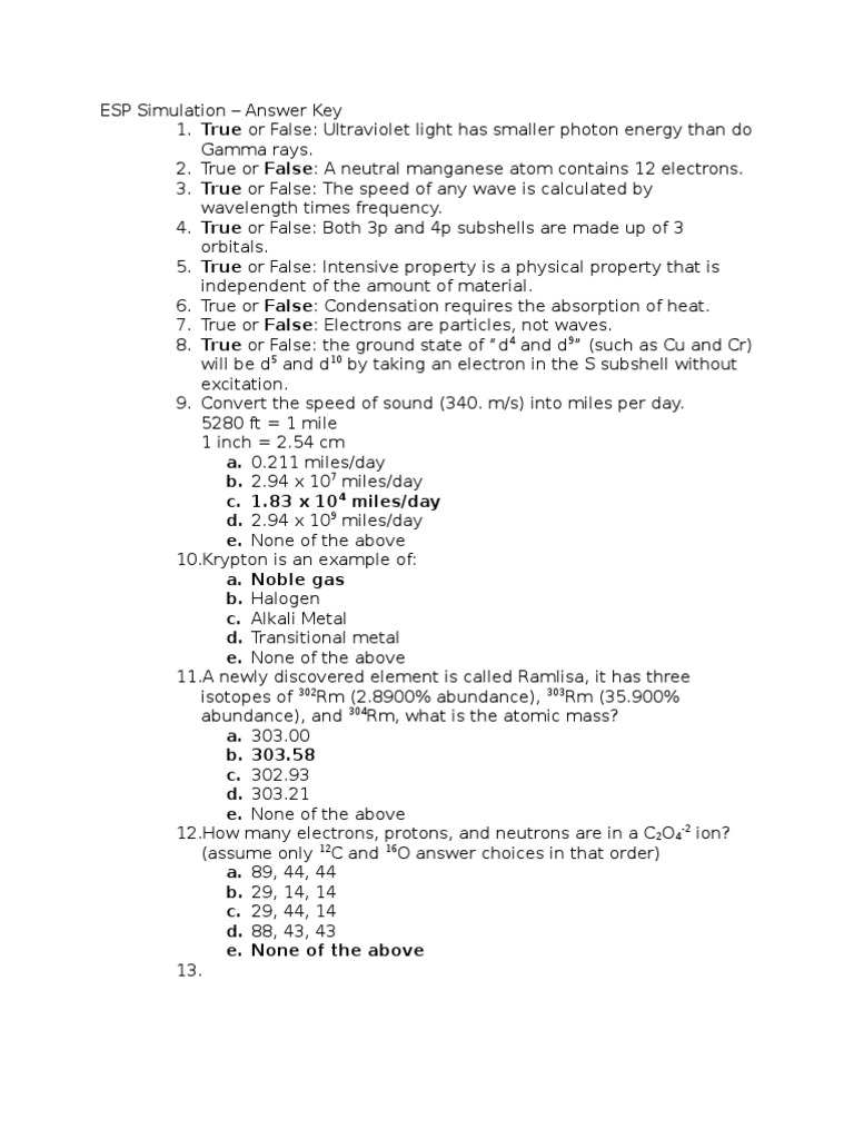 ESP Chemistry Simulation Answer Key | PDF | Electron | Ion