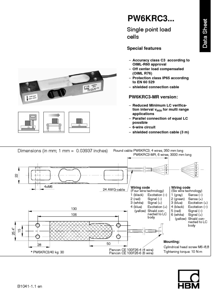 Single Point Load Cells Data Sheet | PDF | Wire | Electrical Engineering