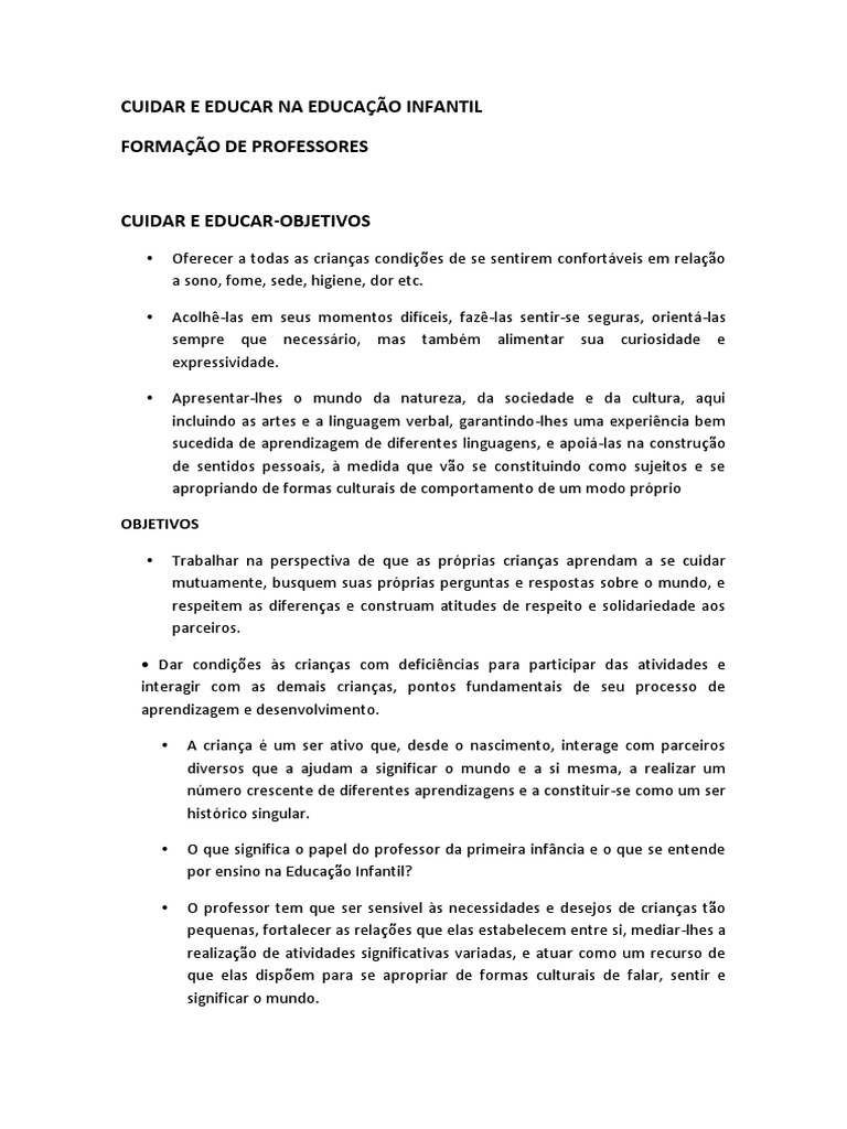 Cuidar e Educar Na Educação Infantil | PDF | Pré-escola | Aprendizado