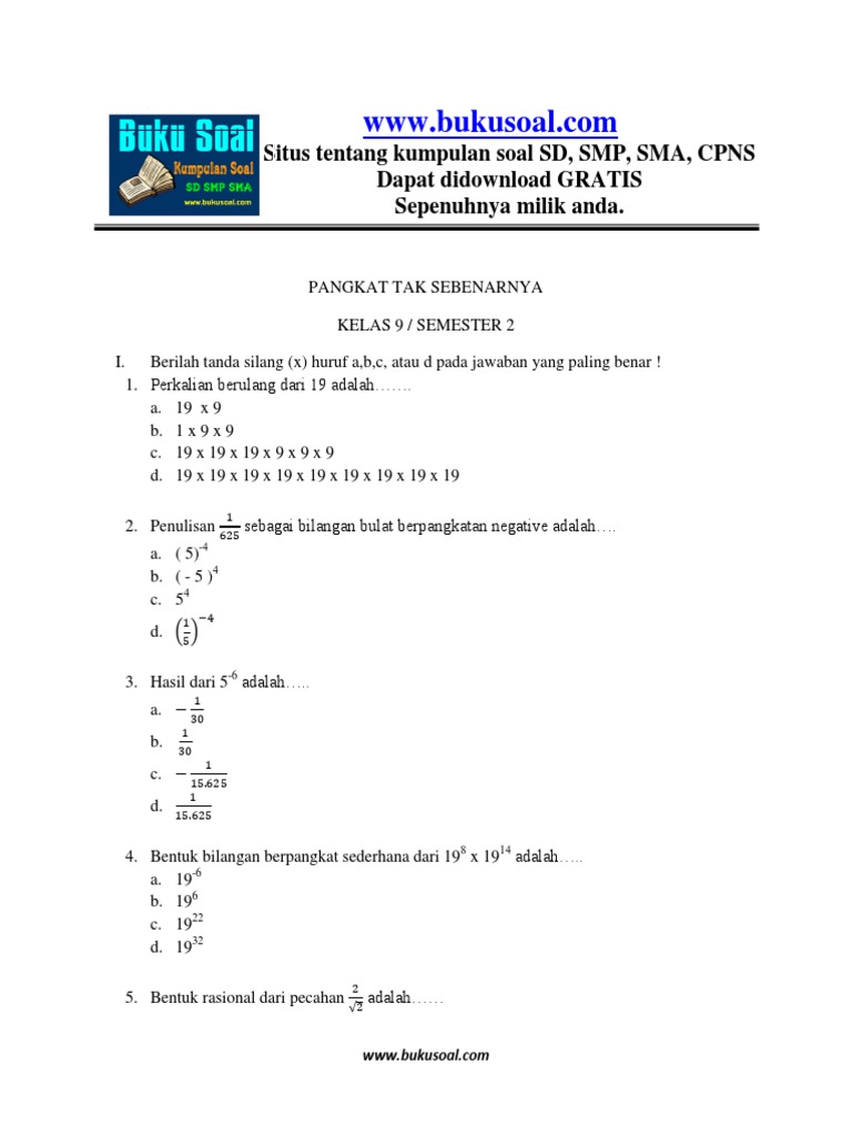 Soal Evaluasi Matematika Perpangkatan Dan Bentuk Akar Kelas 9