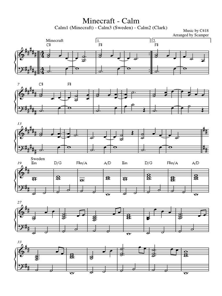 Minecraft Piano Calm Sheet Music
