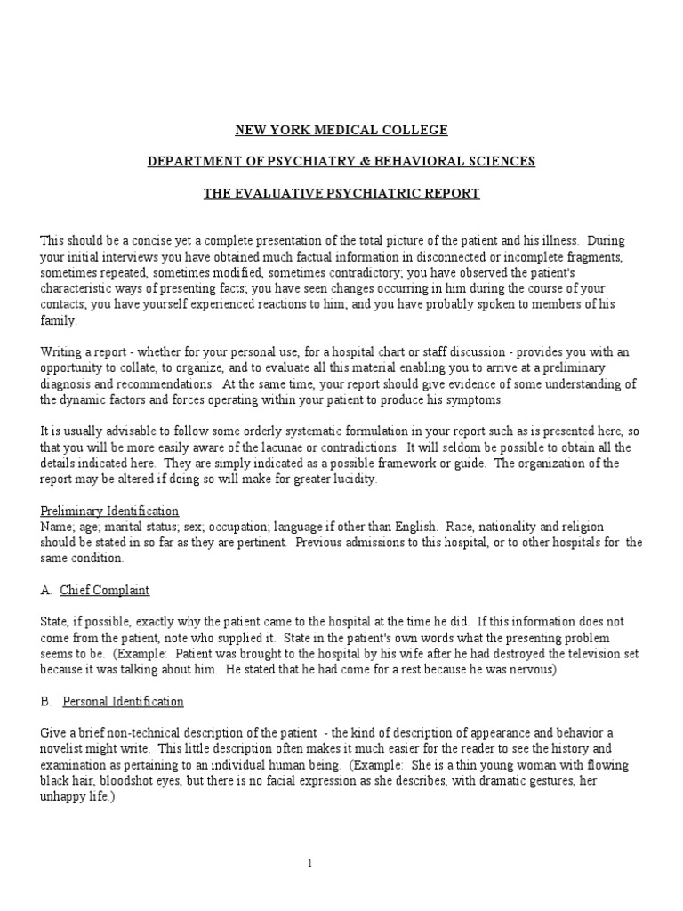 Evaluative Psychiatric Report Guide | PDF | Psychotherapy | Medical ...