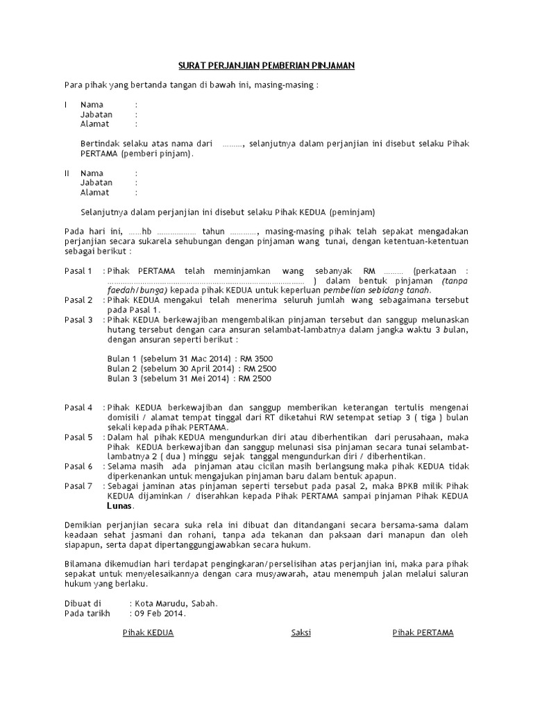 Contoh Surat Akuan Pinjaman Persahabatan Peribadi