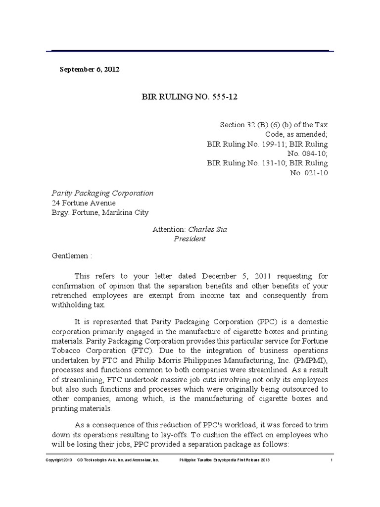 BIR Ruling 555-12 | PDF | Employee Benefits | Taxation In The 