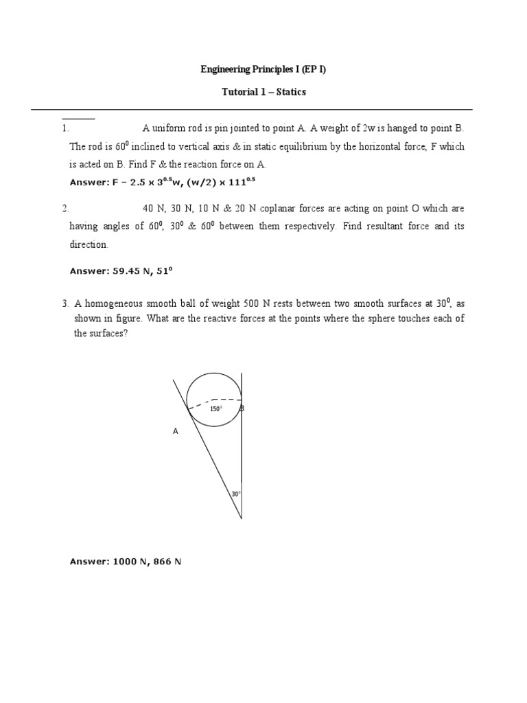 Statics Tutorial with Answers.doc | Dynamics (Mechanics) | Motion (Physics)
