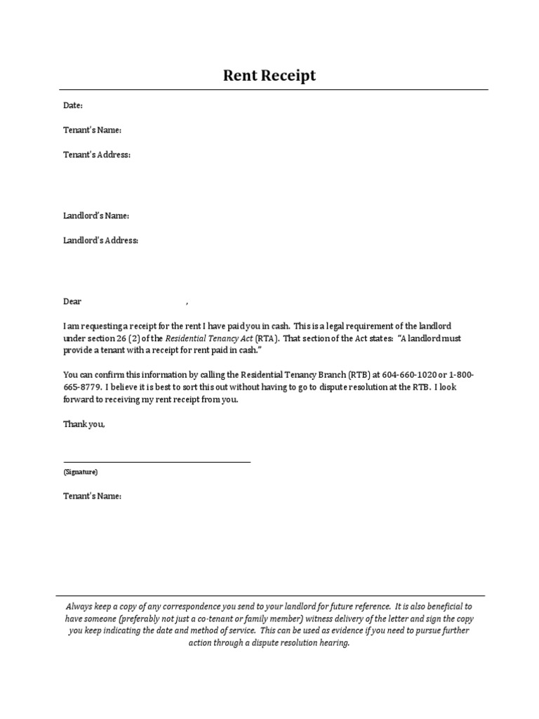 Rent Receipt Request Template | PDF | Law