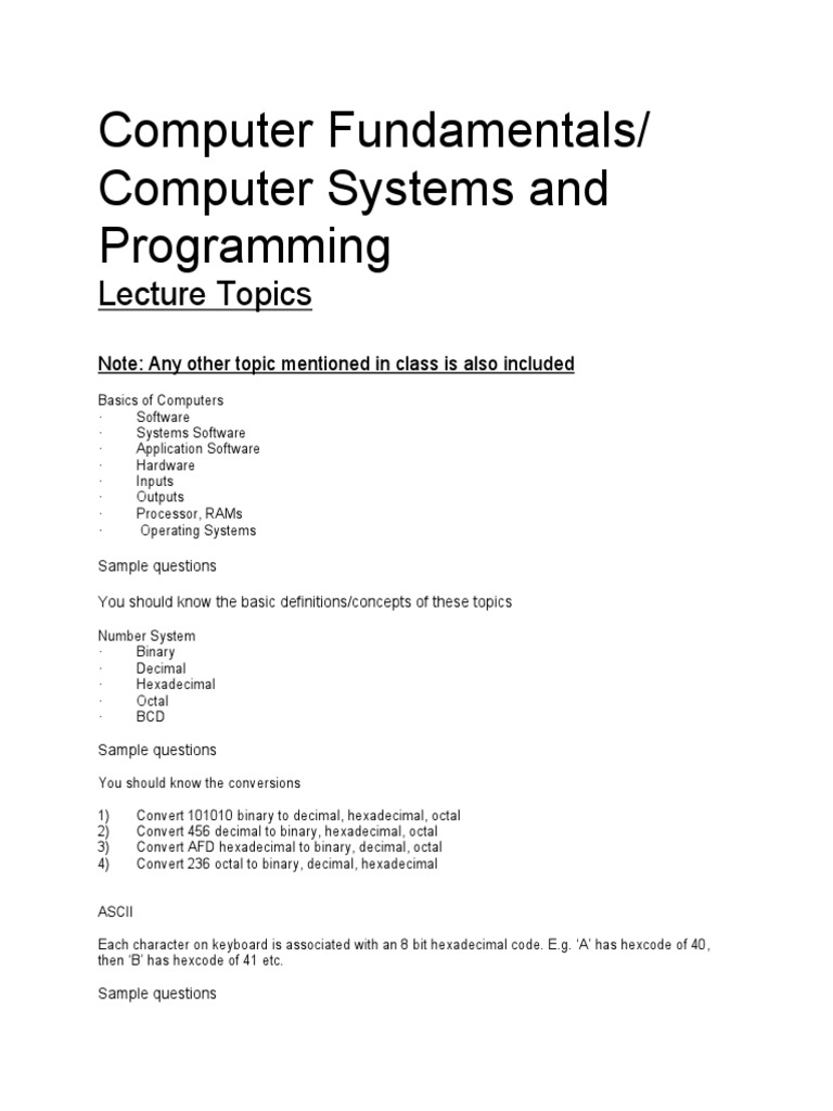 Computer Fundamentals Computer Systems and Programming Topic List ...