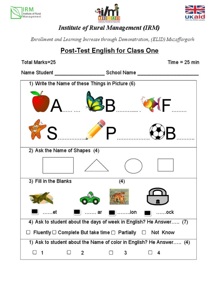 A B F S P B: Post-Test English For Class One | PDF