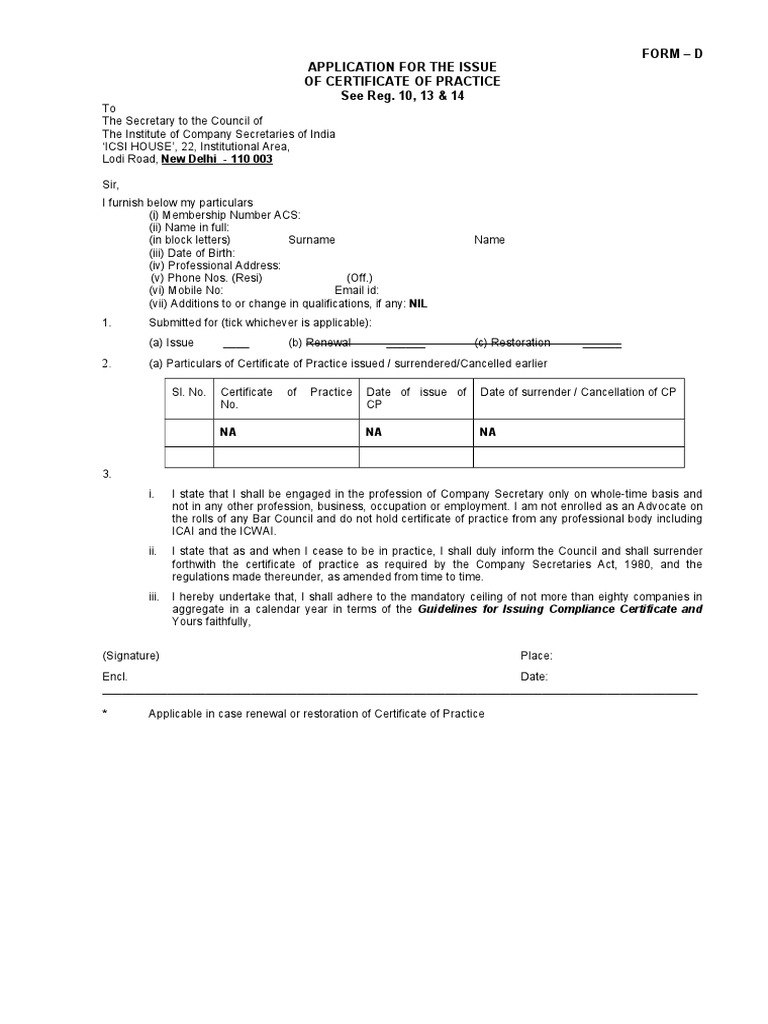 Form D Application For The Issue of Certificate of Practice See Reg