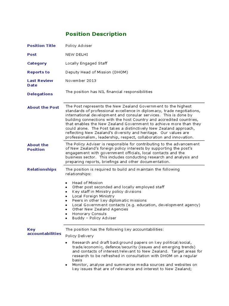 Job Description - Policy Adviser | PDF | Consul (Representative ...