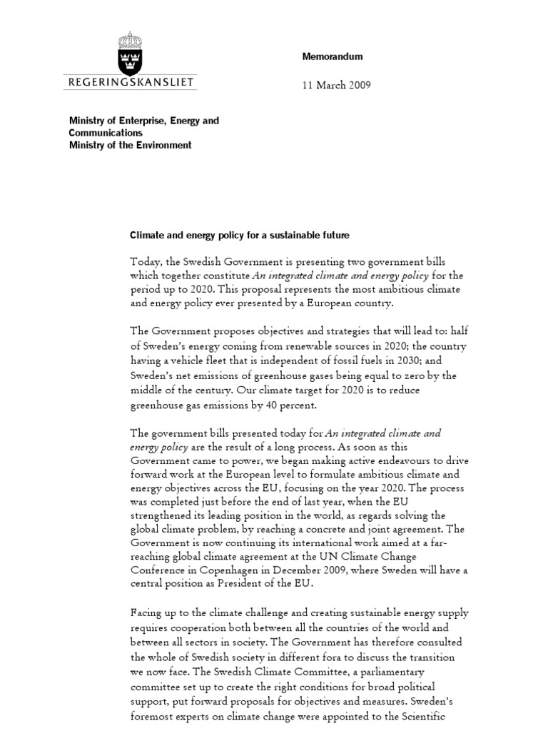 Sweden's 2020 Climate and Energy Goals | PDF | Carbon Tax | Energy Policy