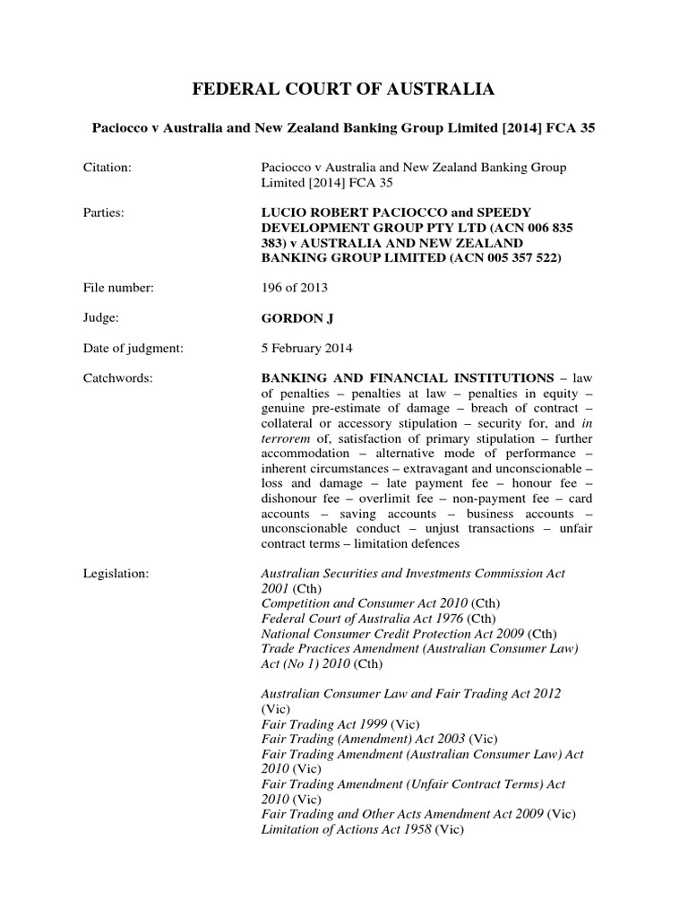 Paciocco V ANZ Banking Group 2014 FCA 35 PDF Liquidated Damages