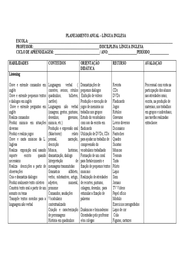 Planejamento Anual Lingua Inglesa | PDF | Palavra | Língua inglesa