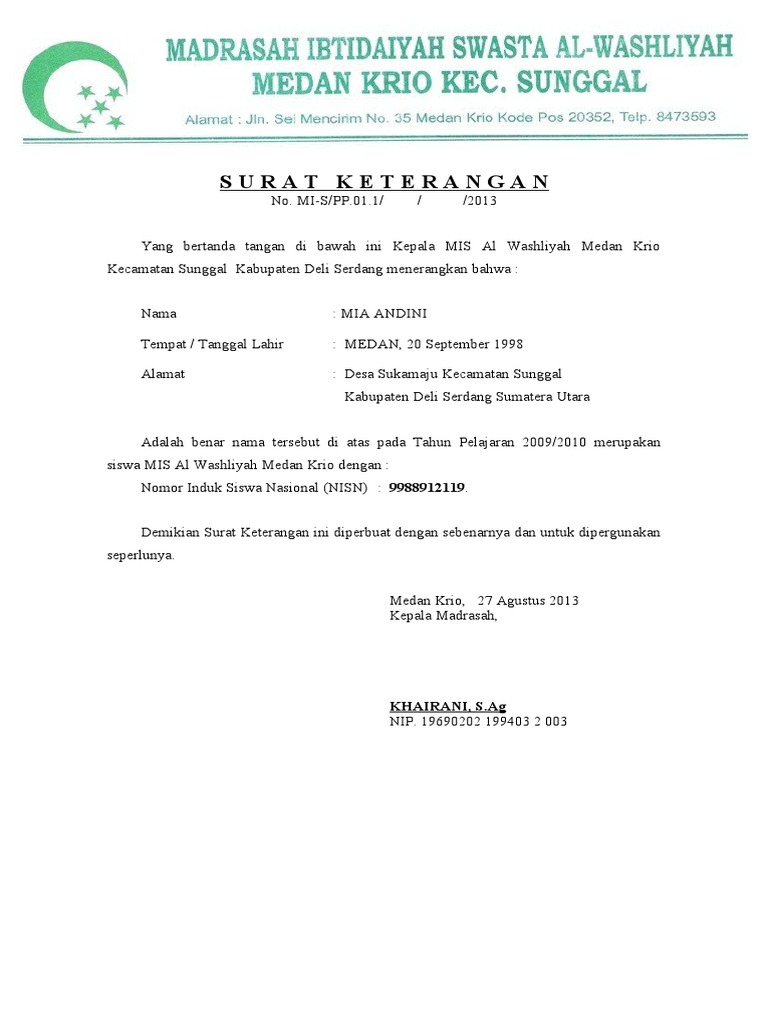 Surat Keterangan Nisn