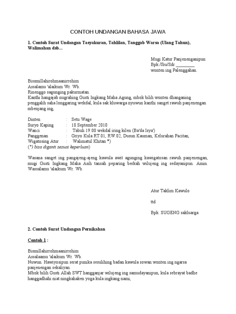 Contoh Undangan Bahasa Jawa