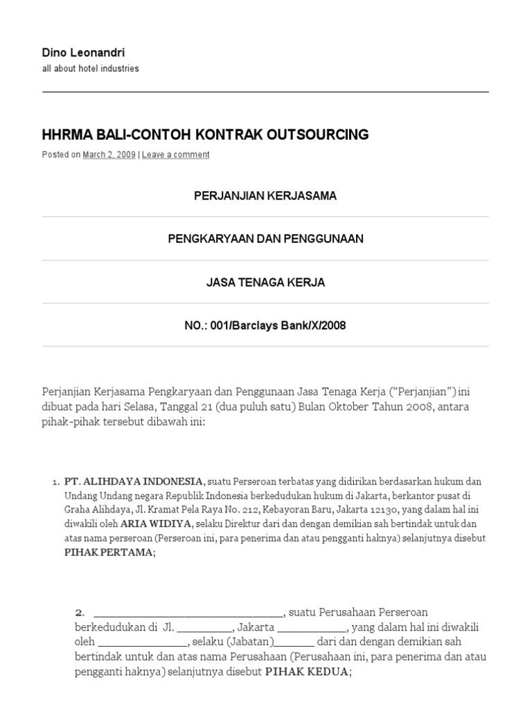 Contoh Kontrak Outsourcing