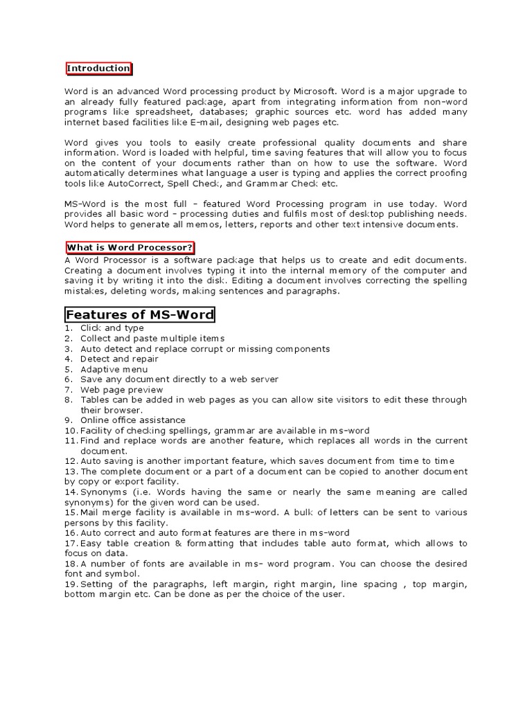 Word Notes | Microsoft Word | Word Processor