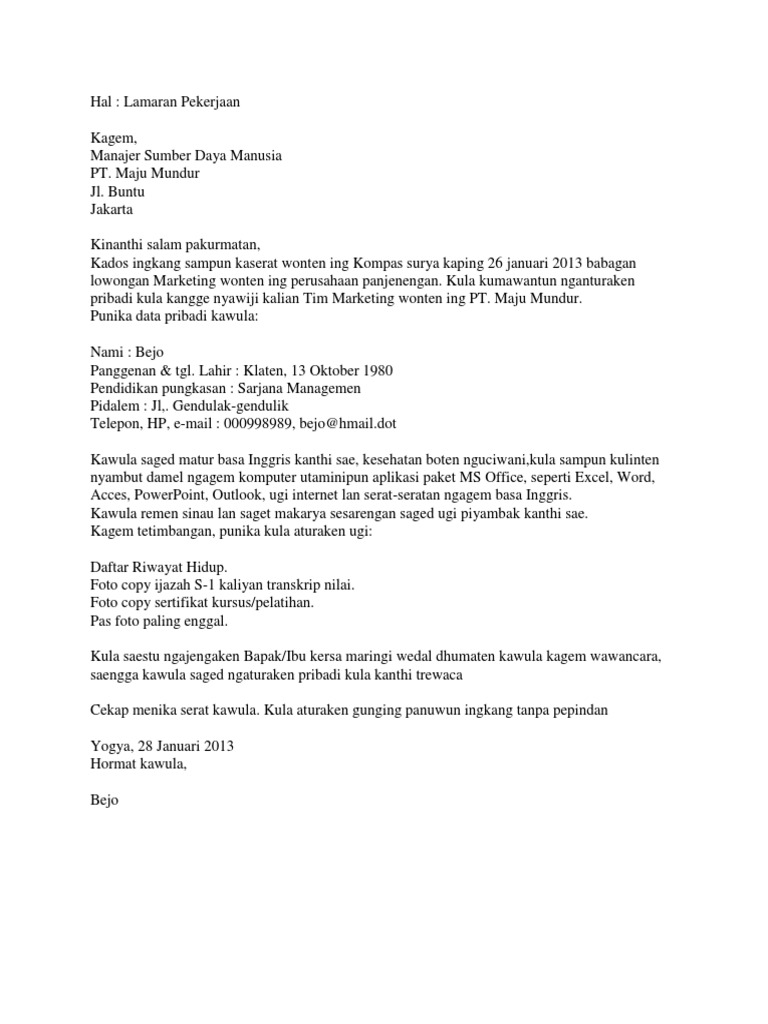 Lamaran Kerja Bahasa Jawa