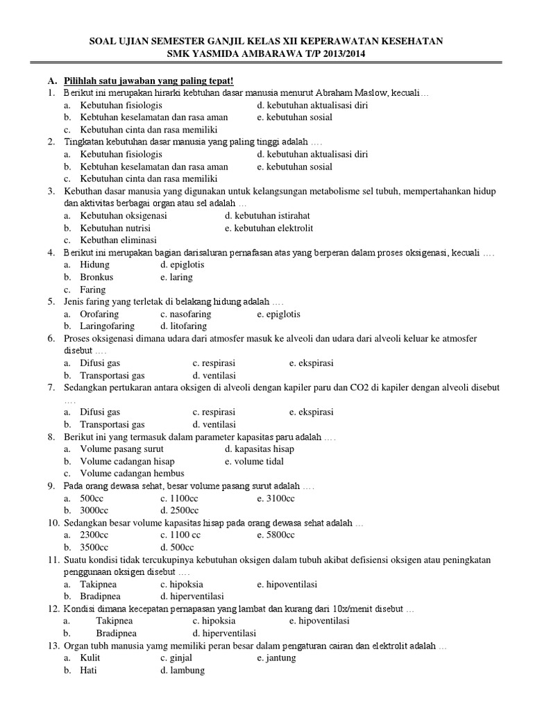 Soal Ujian Semester Ganjil Kelas Xii Keperawatan Kesehatan Soal Ujian Semester Ganjil Kelas Xii Keperawatan Kesehatan