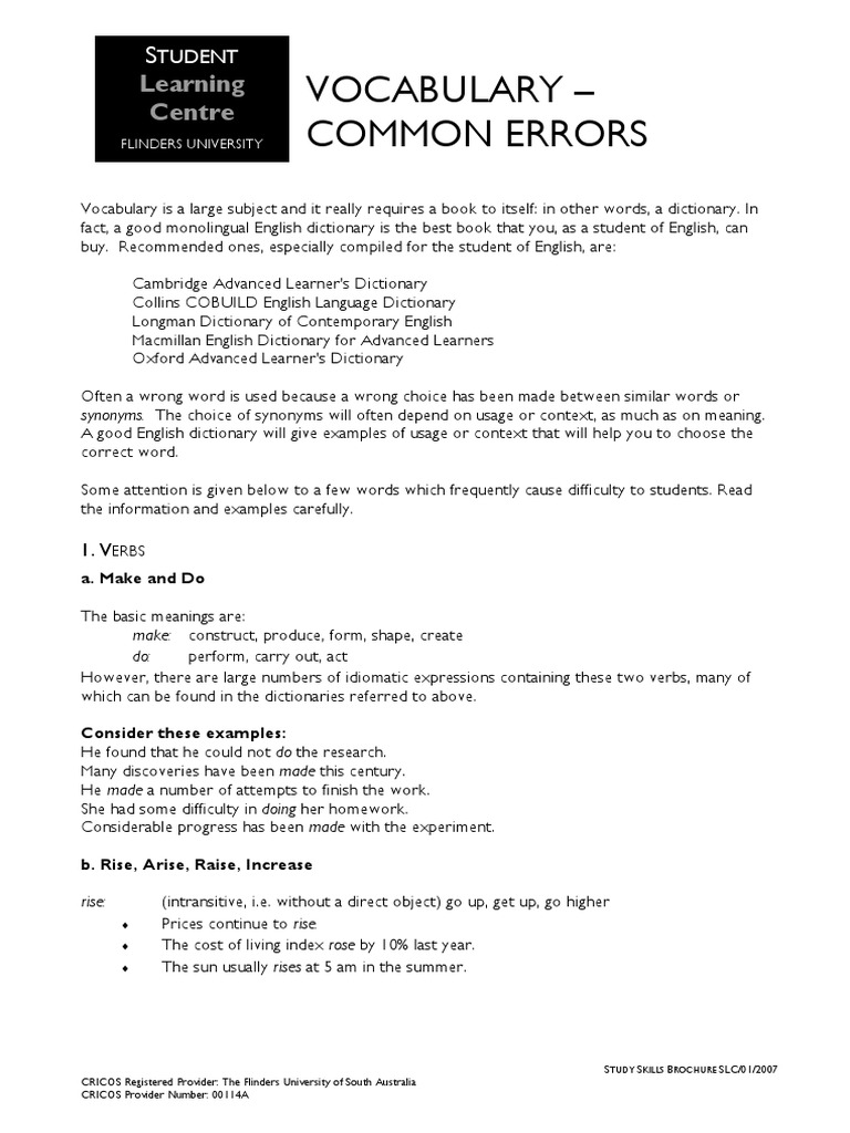 Common Vocabulary Errors Guide | PDF | Language Arts & Discipline ...