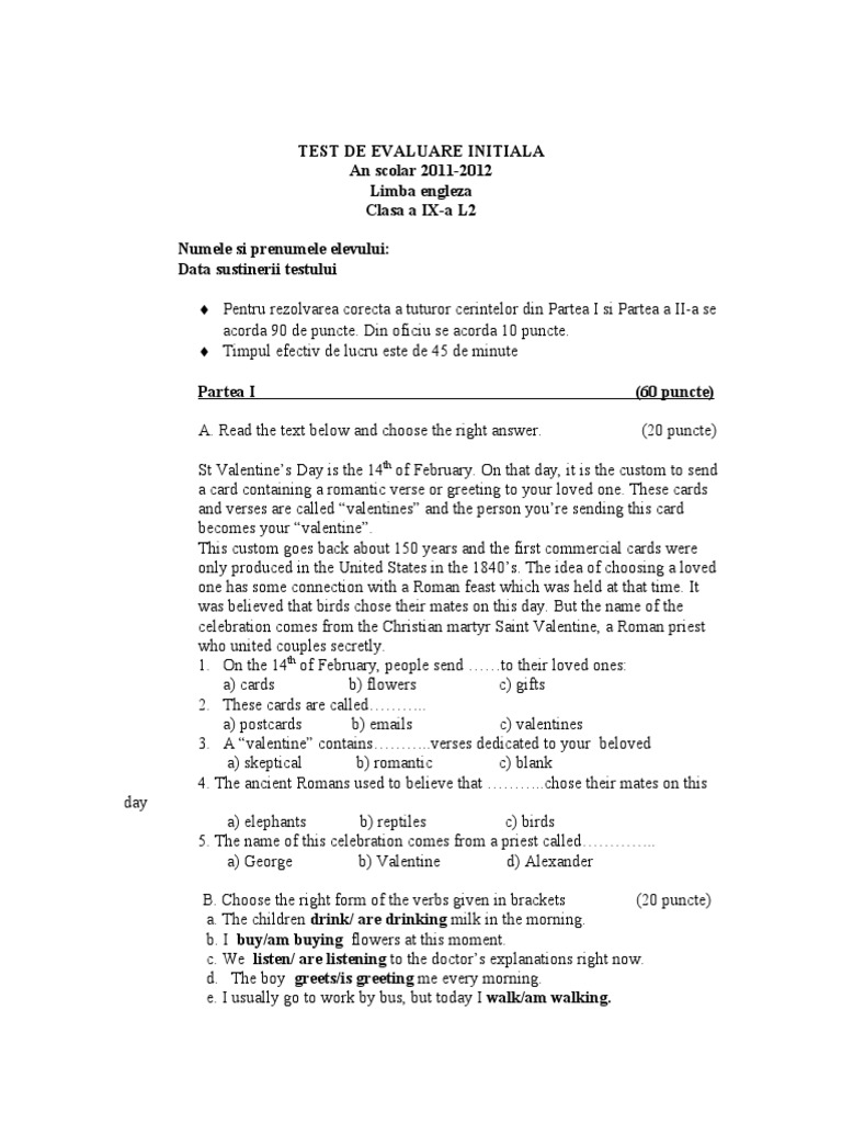 Test de Evaluare Initiala Clasa A Ix-A | PDF | Language Arts ...