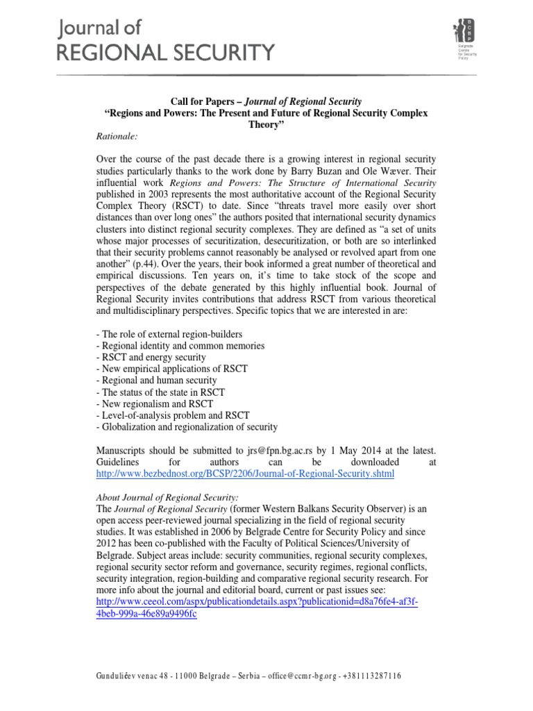 Call for Papers Journal of Regional Security “Regions and Powers