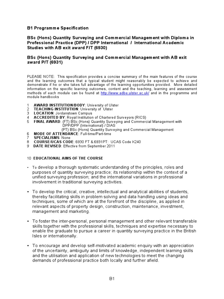 BSc Quantity Surveying Programme Overview | PDF | Postgraduate ...