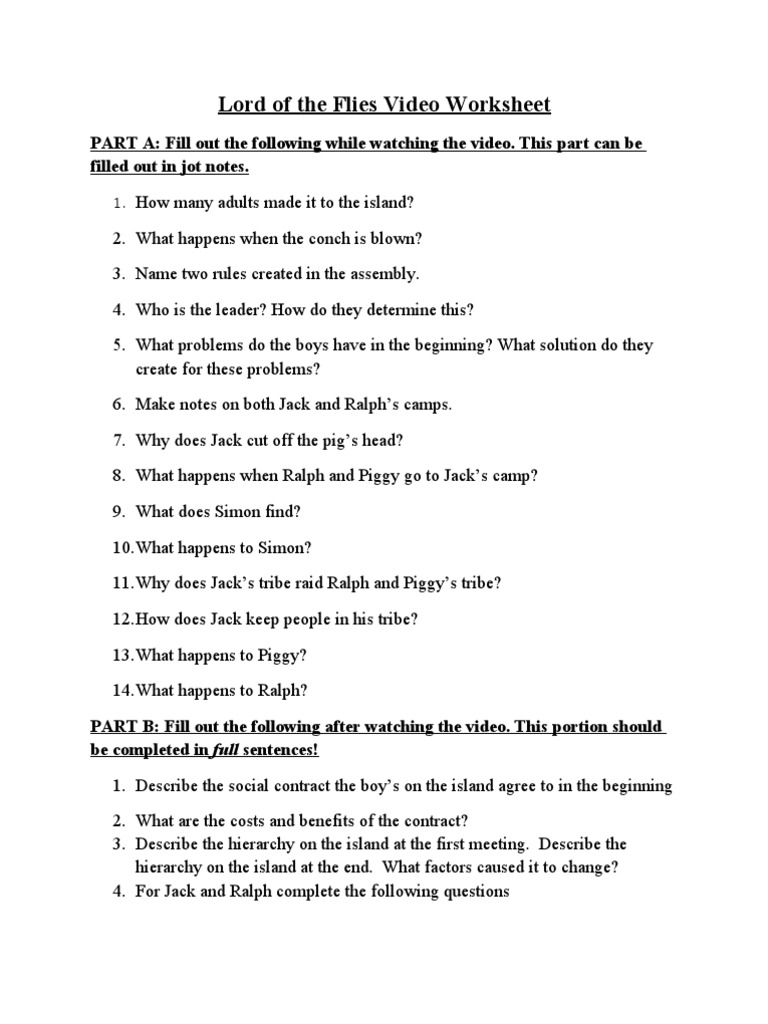 Lord Of The Flies Video Worksheet