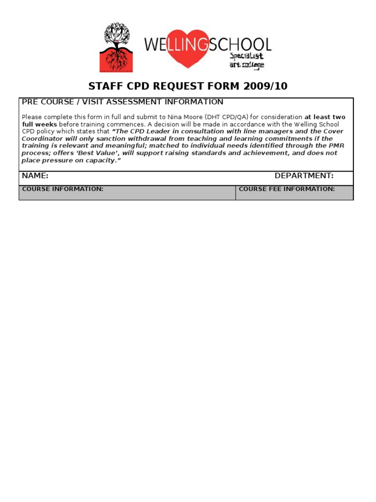 CPD Request Form Template 2009/10 | PDF | Change | Cognition