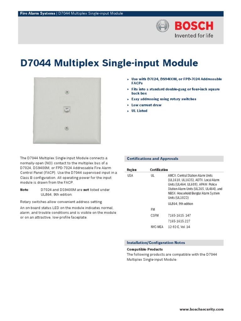 BOSCH D7044 Multiplex SingleInput Module PDF Security Alarm