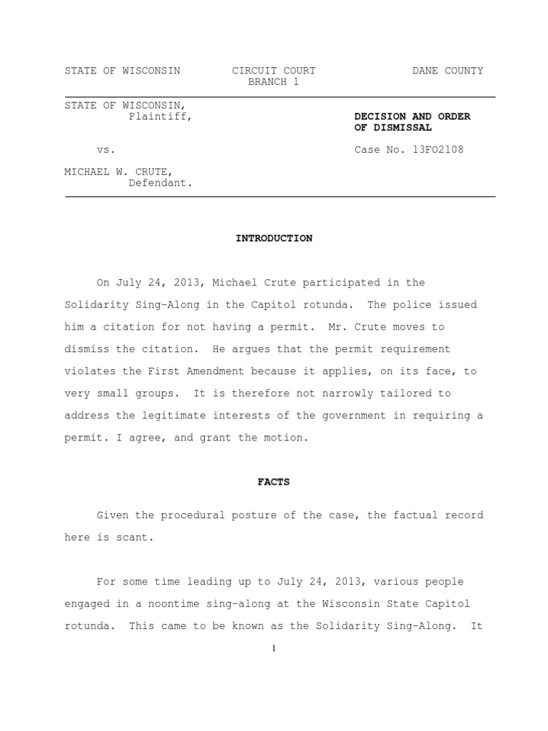 Dane County Circuit Court Dismissal in Wisconsin v Crute 020514
