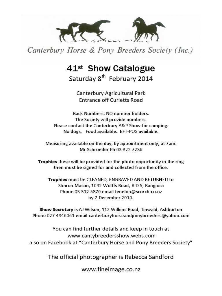 Canterbury Horse and Pony Breeders Inhand Show Catalogue February 8 2014 PDF Foal Mare