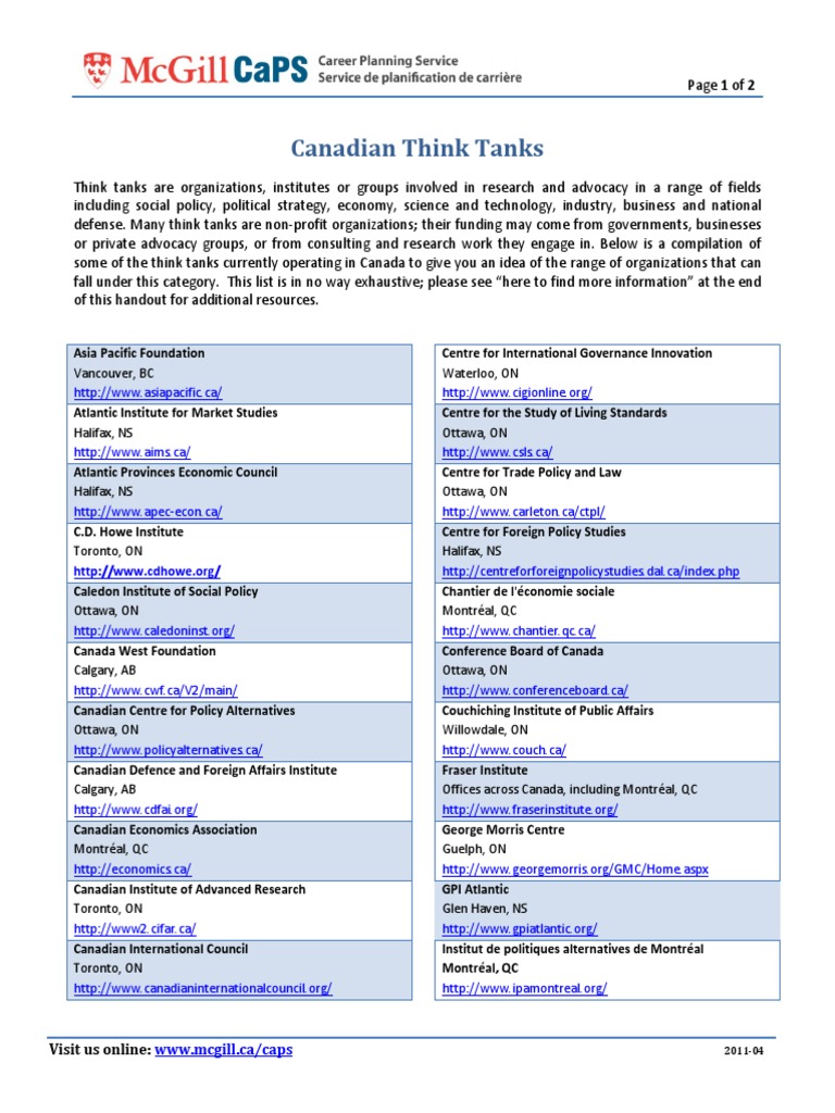 Canadian Think Tanks PDF Think Tank Montreal