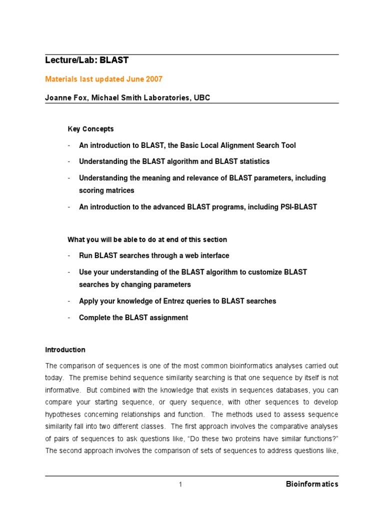 Lecture/Lab: BLAST: Materials Last Updated June 2007 | PDF | Sequence ...