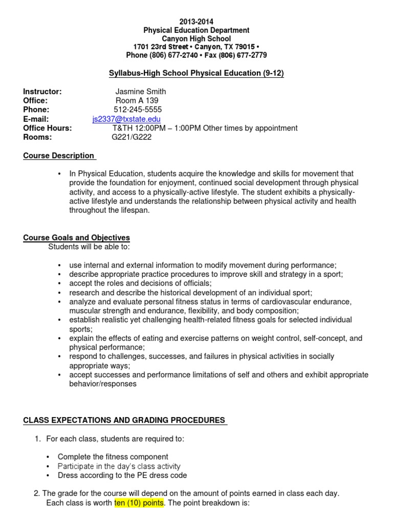 Canyon High School PE Syllabus 2013-2014 | PDF | Physical Education ...