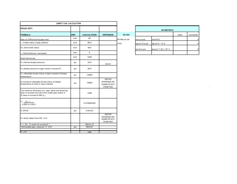 Limpet Coil Calculation Pipe (Fluid Conveyance) Physical Quantities