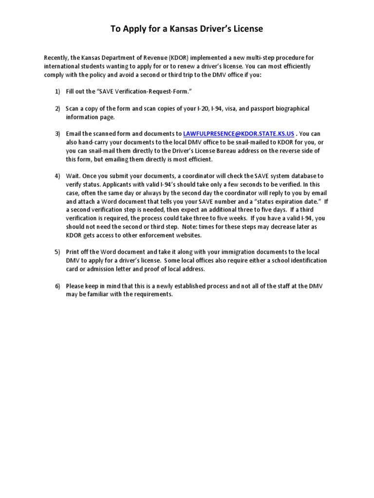 To Apply For A Kansas Driver's License: Lawfulpresence@Kdor - State.Ks ...