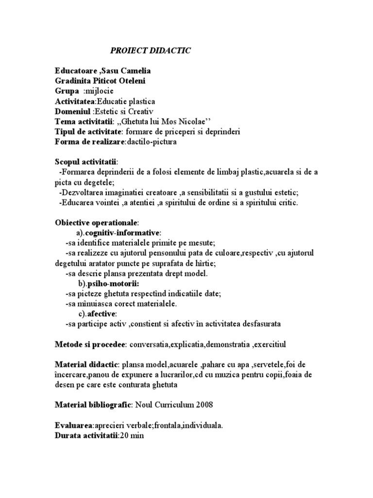 Proiect Didactic Educatie Plastica Grupa Mica