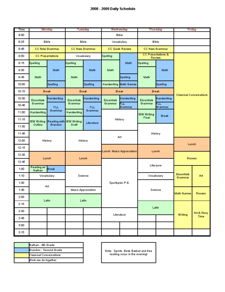 Color Coded Daily Homeschool Schedule PDF Linguistics Behavior