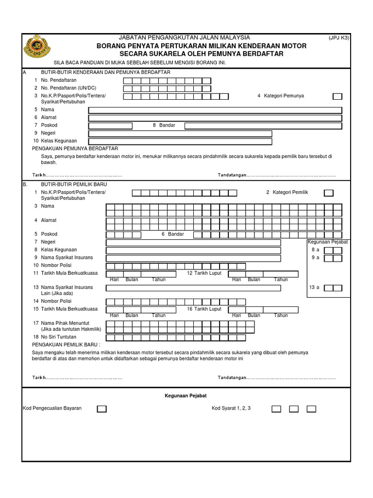 Borang Penyata Pertukaran Milikan Kenderaan Motor