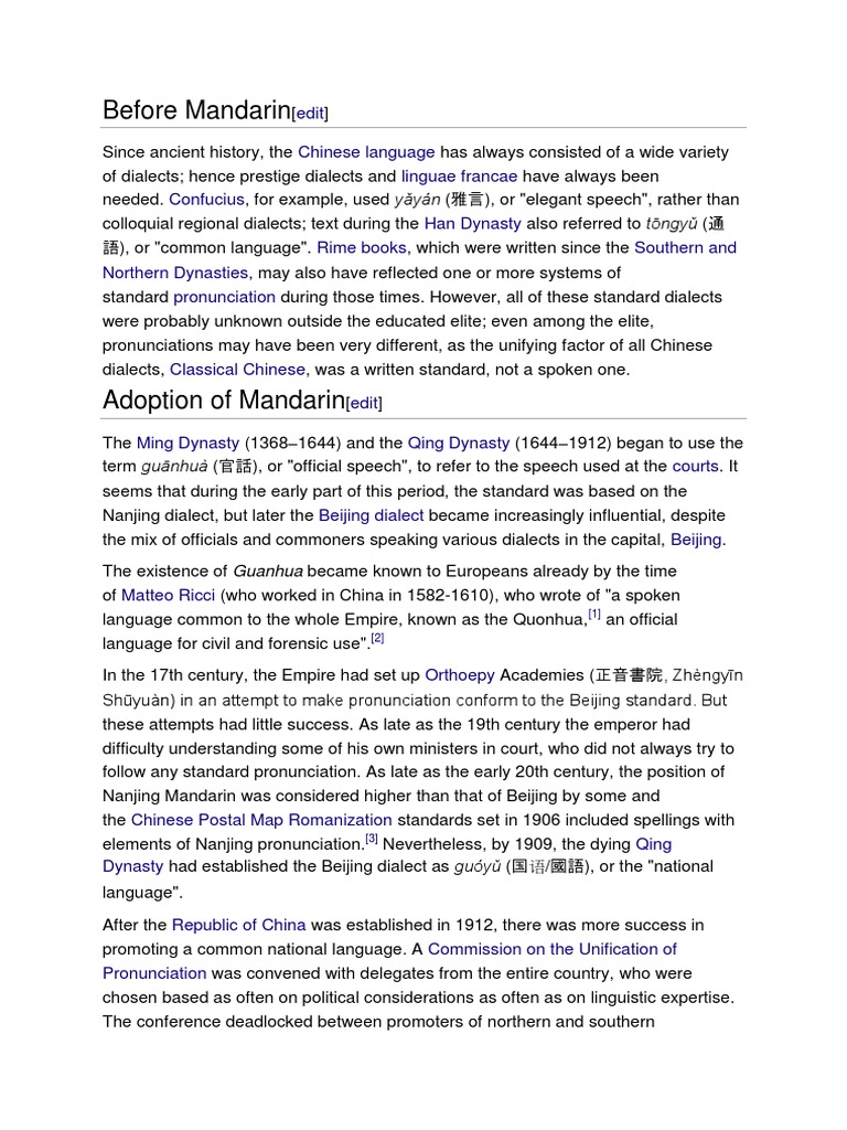 History of Mandarin Language PDF Standard Chinese Mandarin Chinese