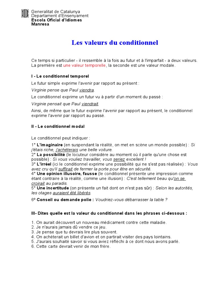Le Conditionnel Présent Exercices Corrigés Pdf Valeurs Conditionnel | PDF