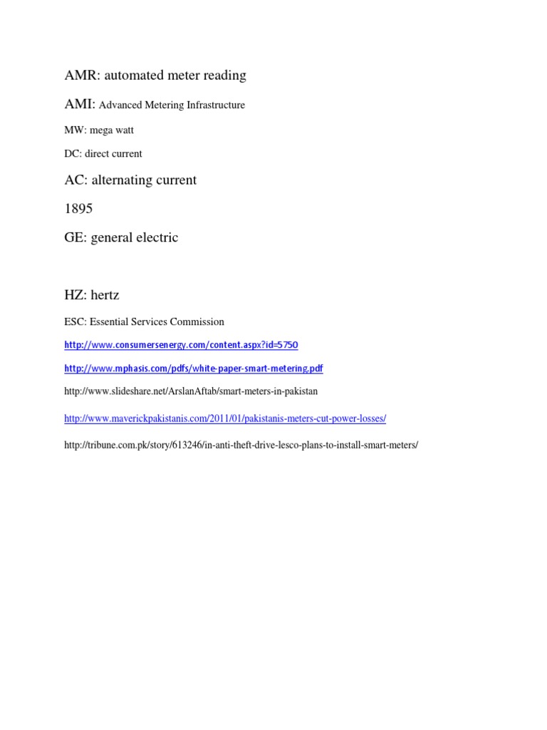 AMR: Automated Meter Reading Ami:: Advanced Metering Infrastructure MW ...